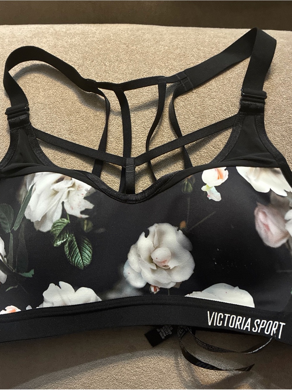 Victoria's Secret Black Floral Strappy Sports Bra with White Roses